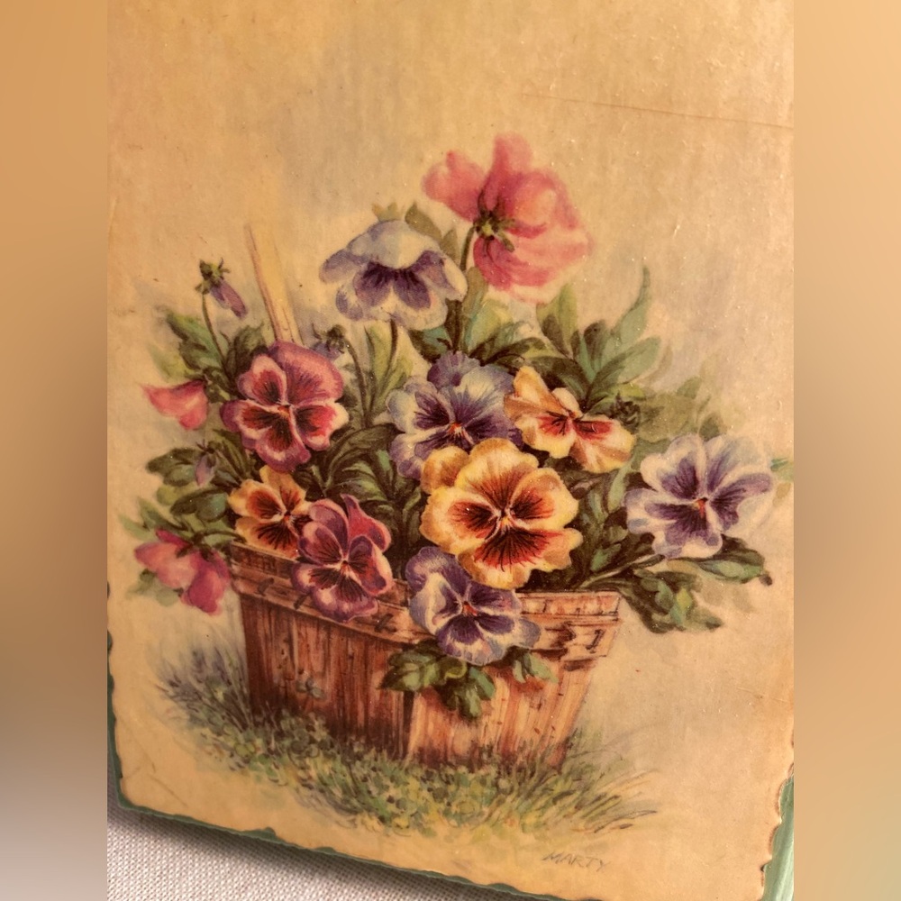 Vintage flower art wood wall hanging  ppansy flower basket card painted MCM 70s - Picture 11 of 16